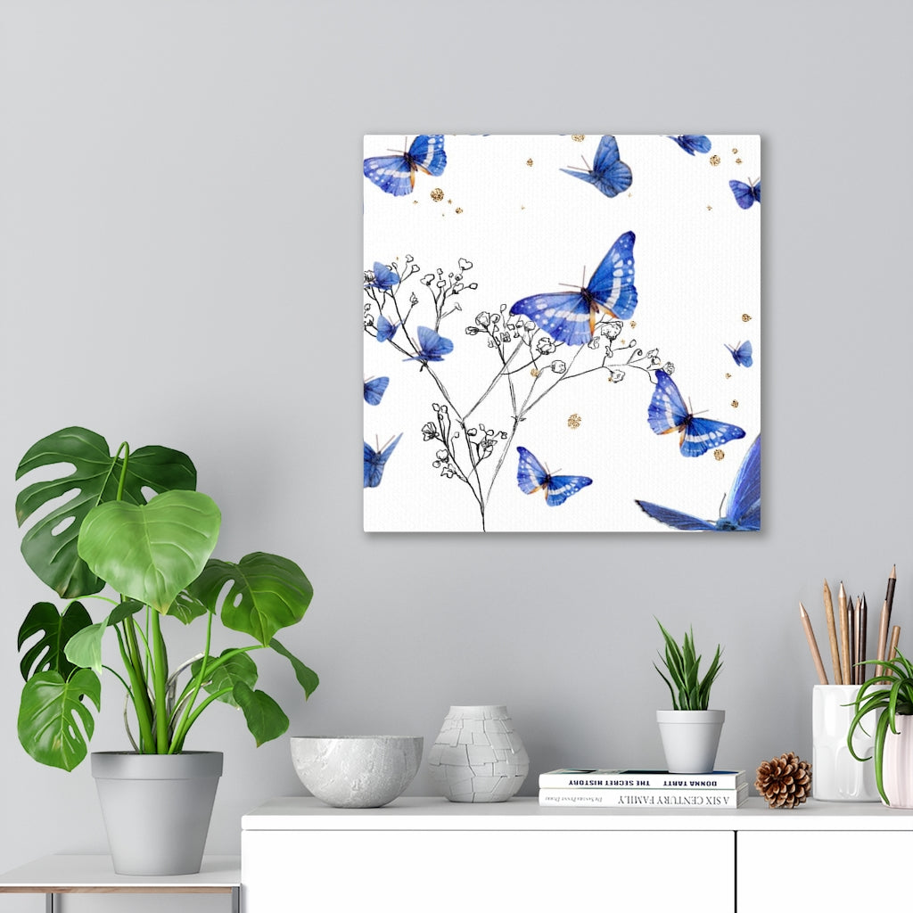 FLORAL CANVAS ART | White Blue Grey Butterflies