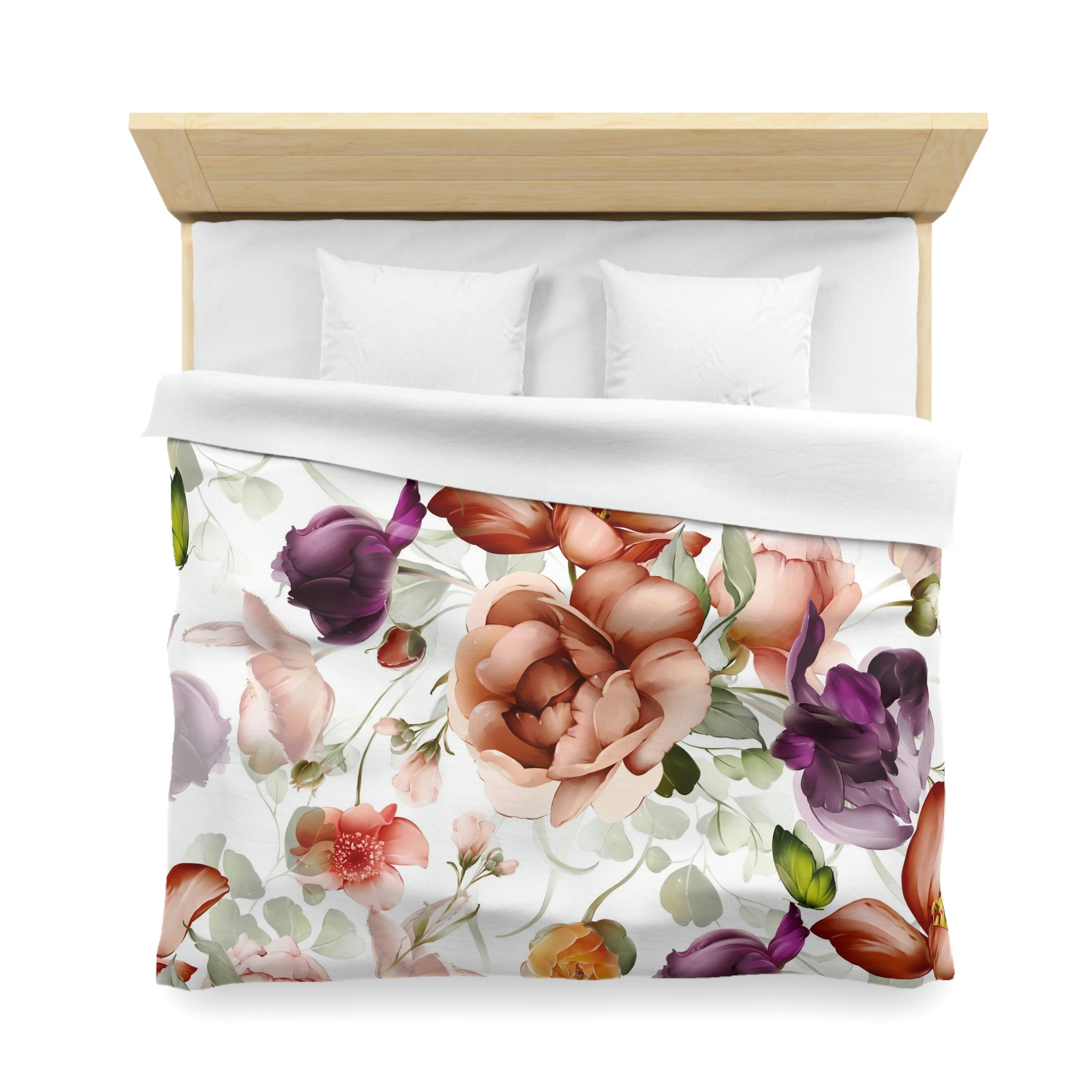 Floral Duvet Cover | White Purple Rust Peonies Garden