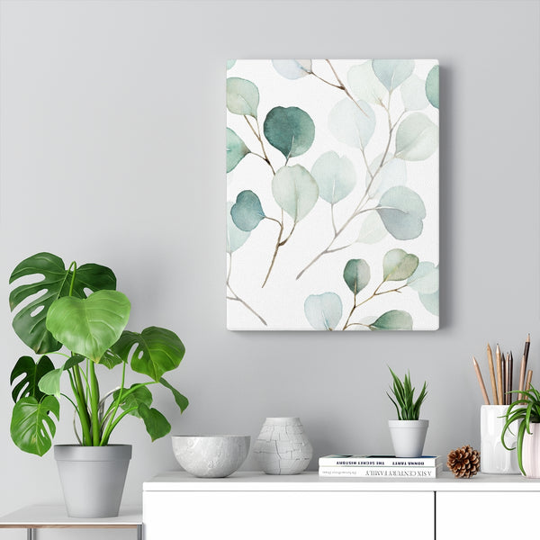 FLORAL WALL CANVAS ART | White Green Eucalyptus Leaves