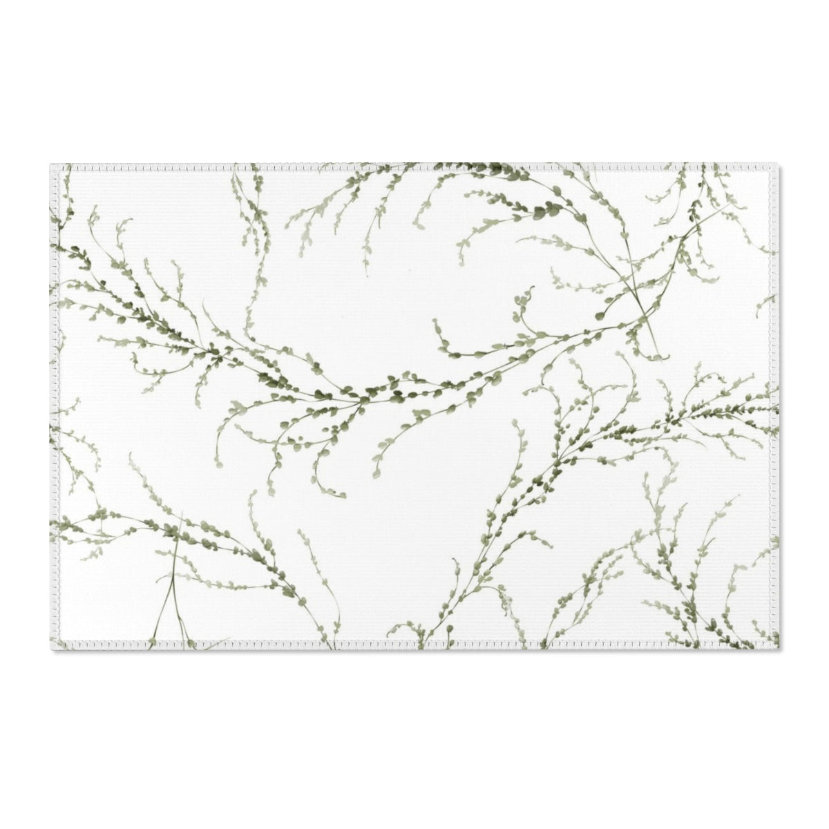 Floral Area Rug | White Delicate Green Leaves