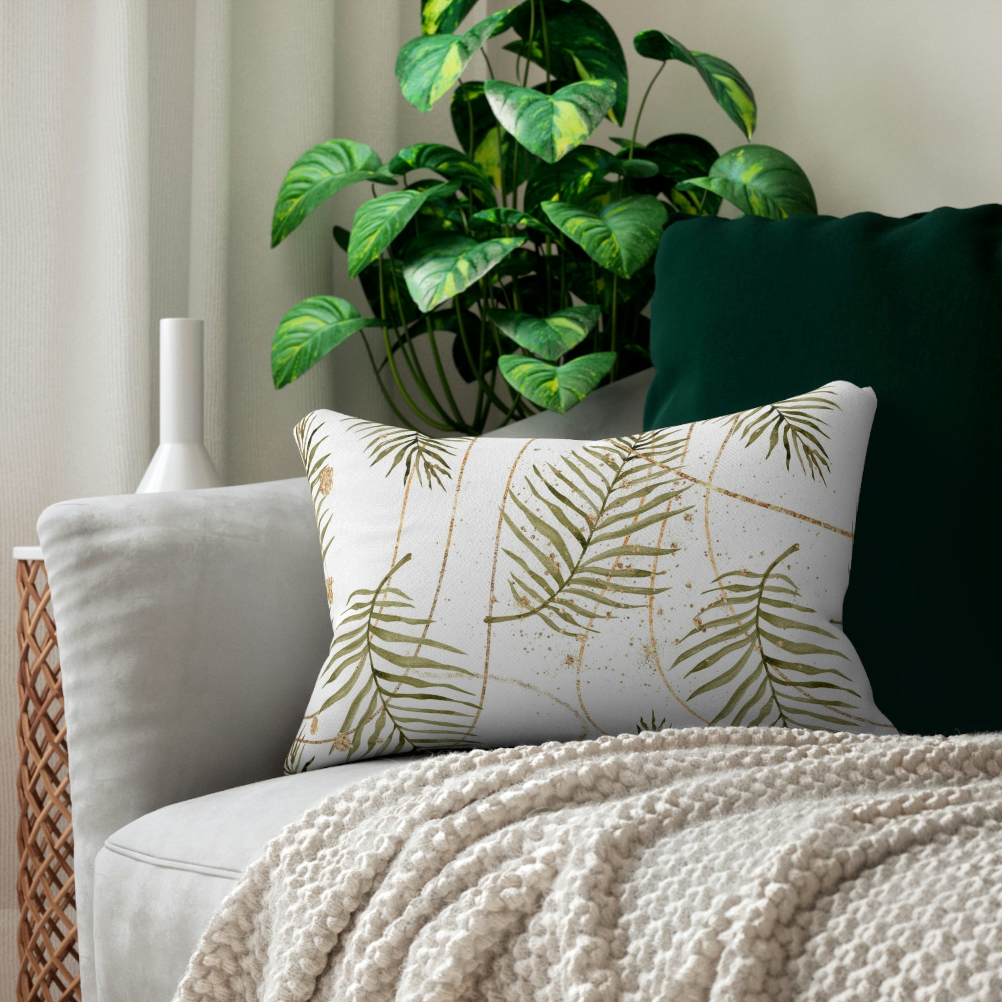 Floral Lumbar Pillow | Sage Green Palm Leaves, White