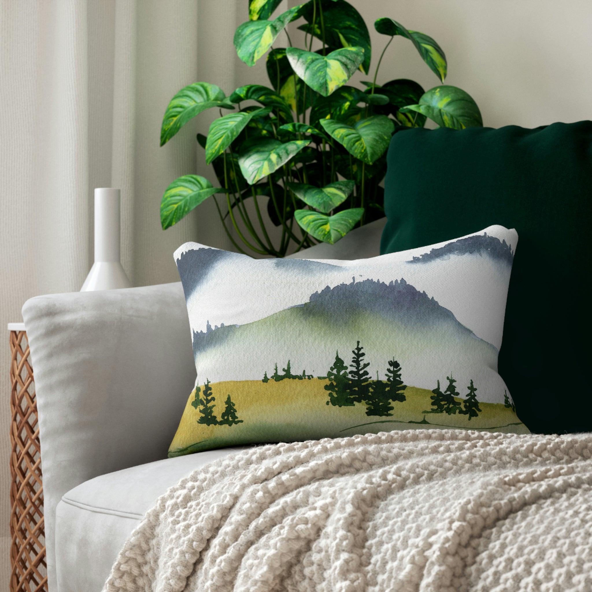 Sage Green Trees Lumbar Pillow | Nature, Navy Mountains Watercolor