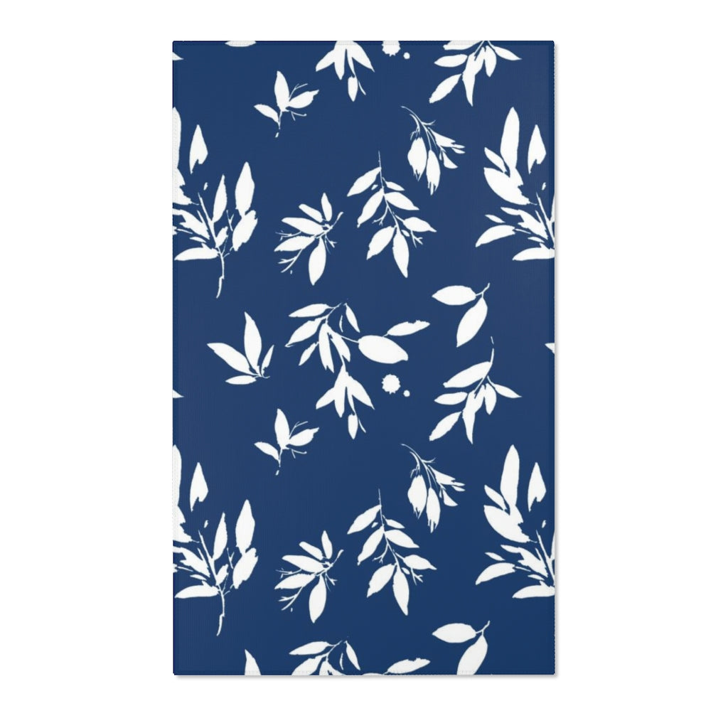 Boho Area Rug | Navy White Leaves