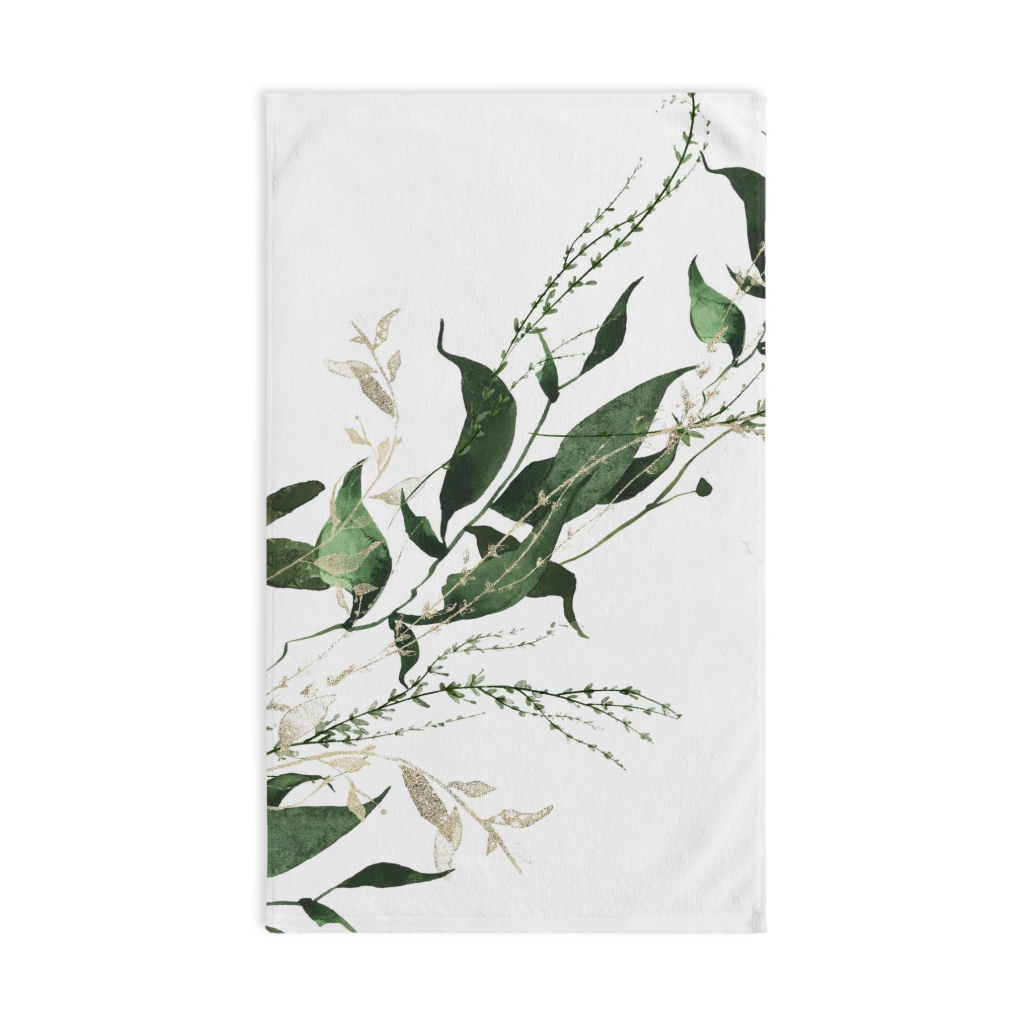 Floral Boho Kitchen, Bath Hand Towel | White Forest Green Leaves