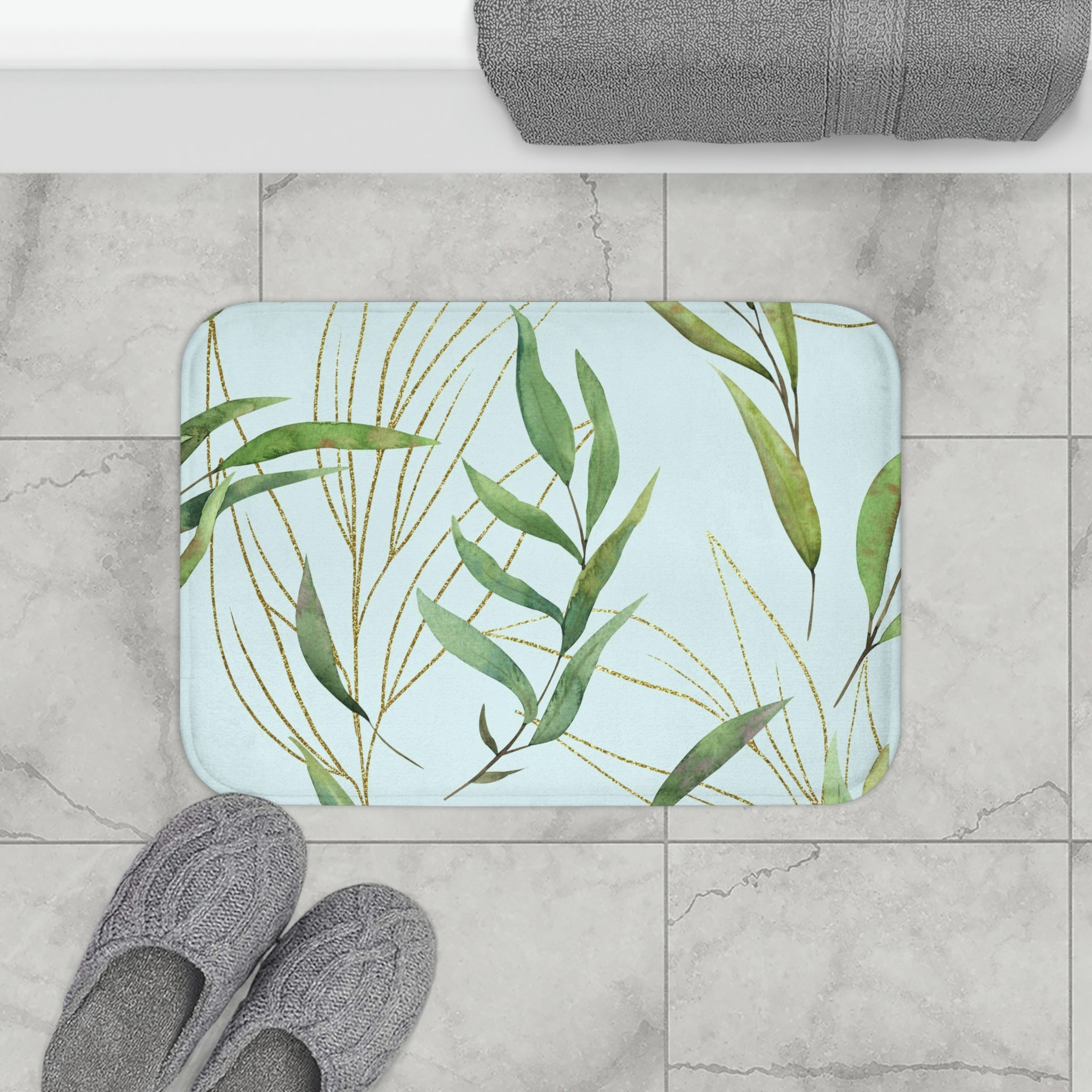 Floral Bath, Kitchen Mat | floral mint green blue