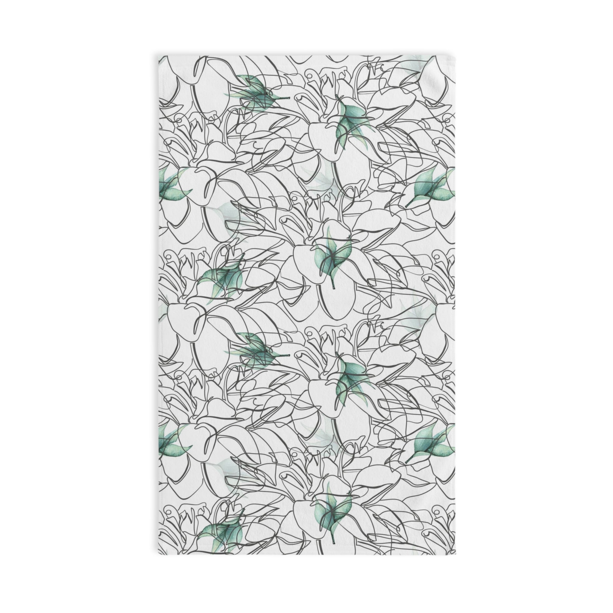 Floral Boho Kitchen, Bath Hand Towel | Black Gray White, Line Art, Green