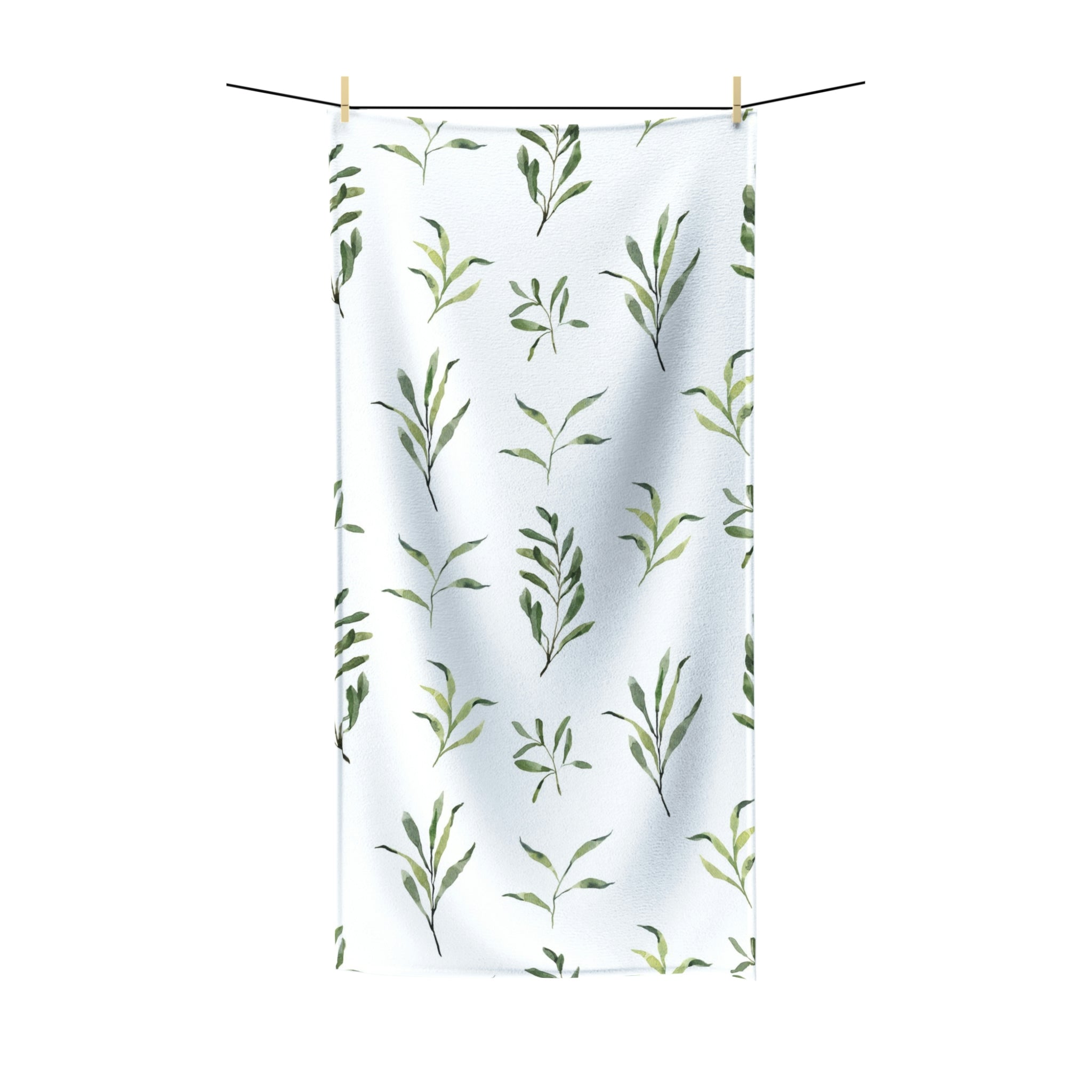 Boho Bath Towel | Floral Sage Green Leaves, White