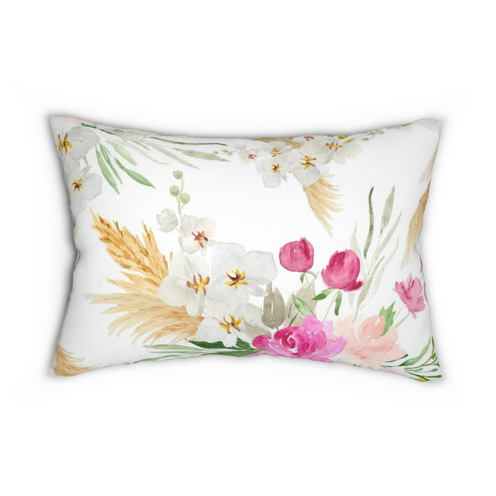 Floral Boho Lumbar Pillow | White Pink Yellow