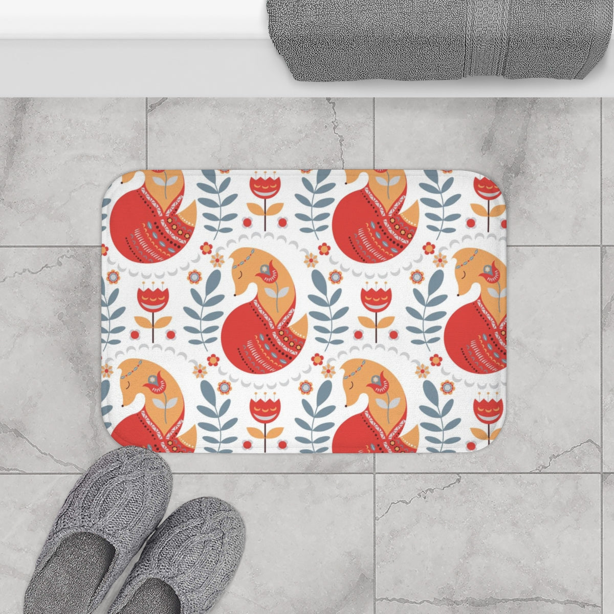 Christmas Bath Mat | Orange White Red Nordic Fox