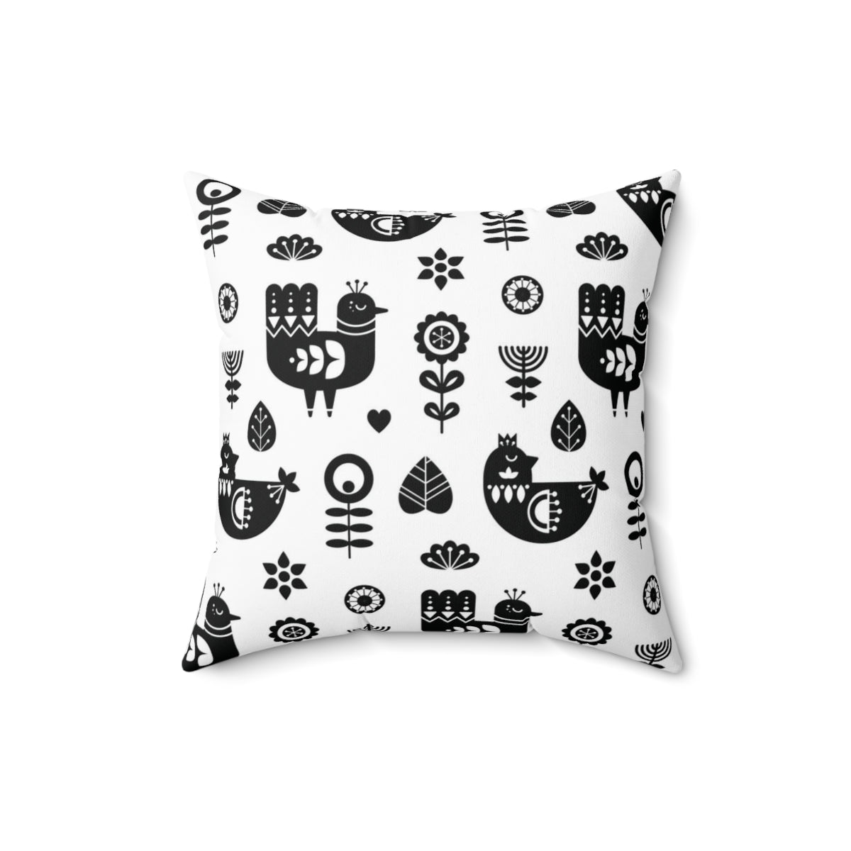 Scandi Nordic Boho Square Pillow Cover | Black White Bird Floral