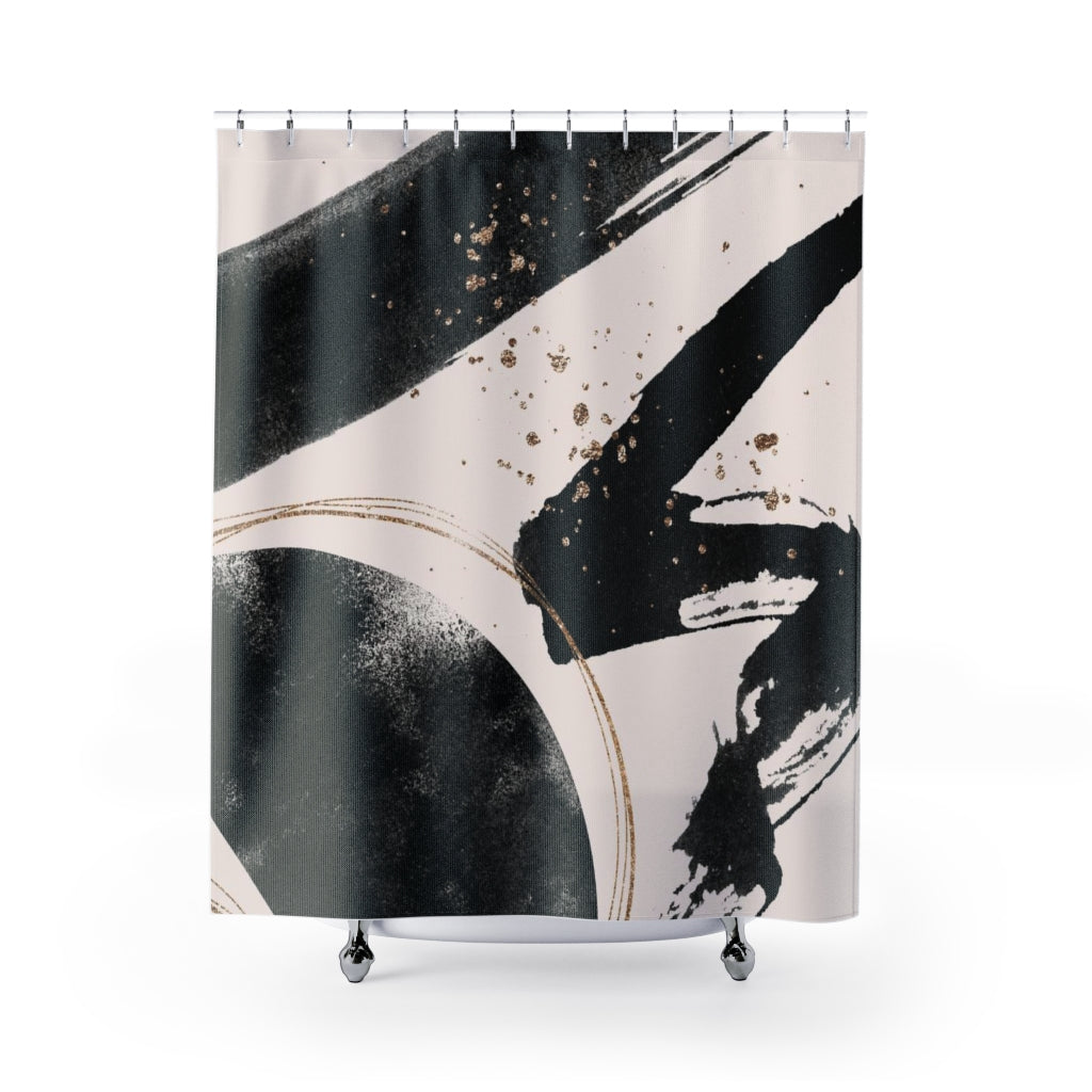 a shower curtain with a black and white design