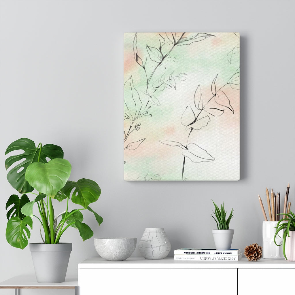 FLORAL WALL CANVAS ART | Green Peach Black Line Art Leaves