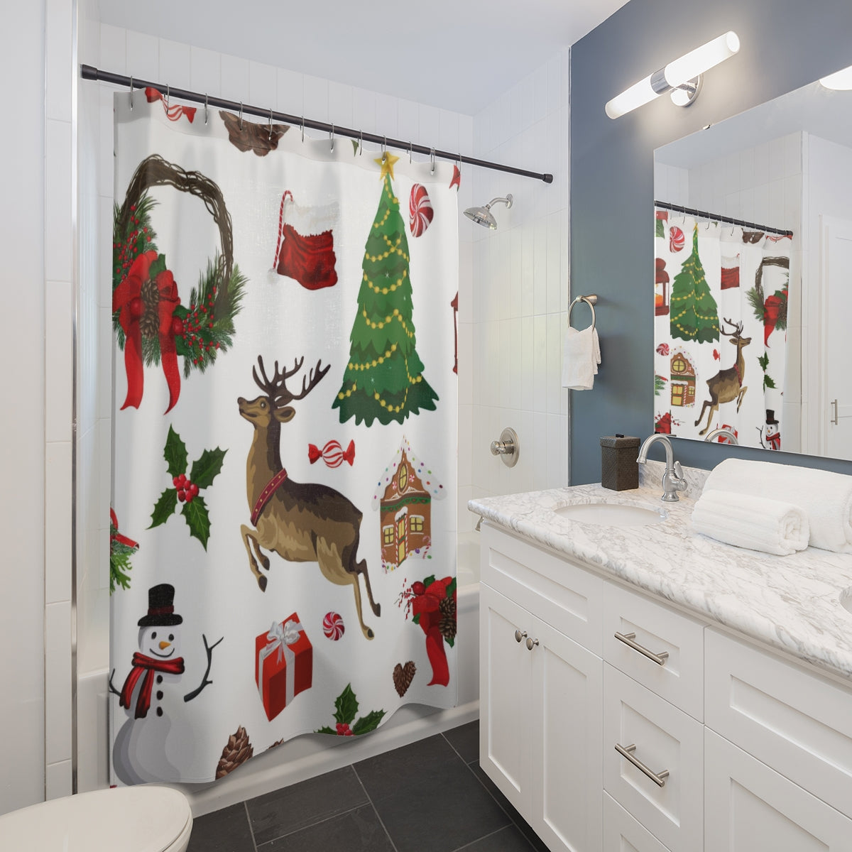 Christmas Shower Curtain | White Playful Reindeer Christmas Trees