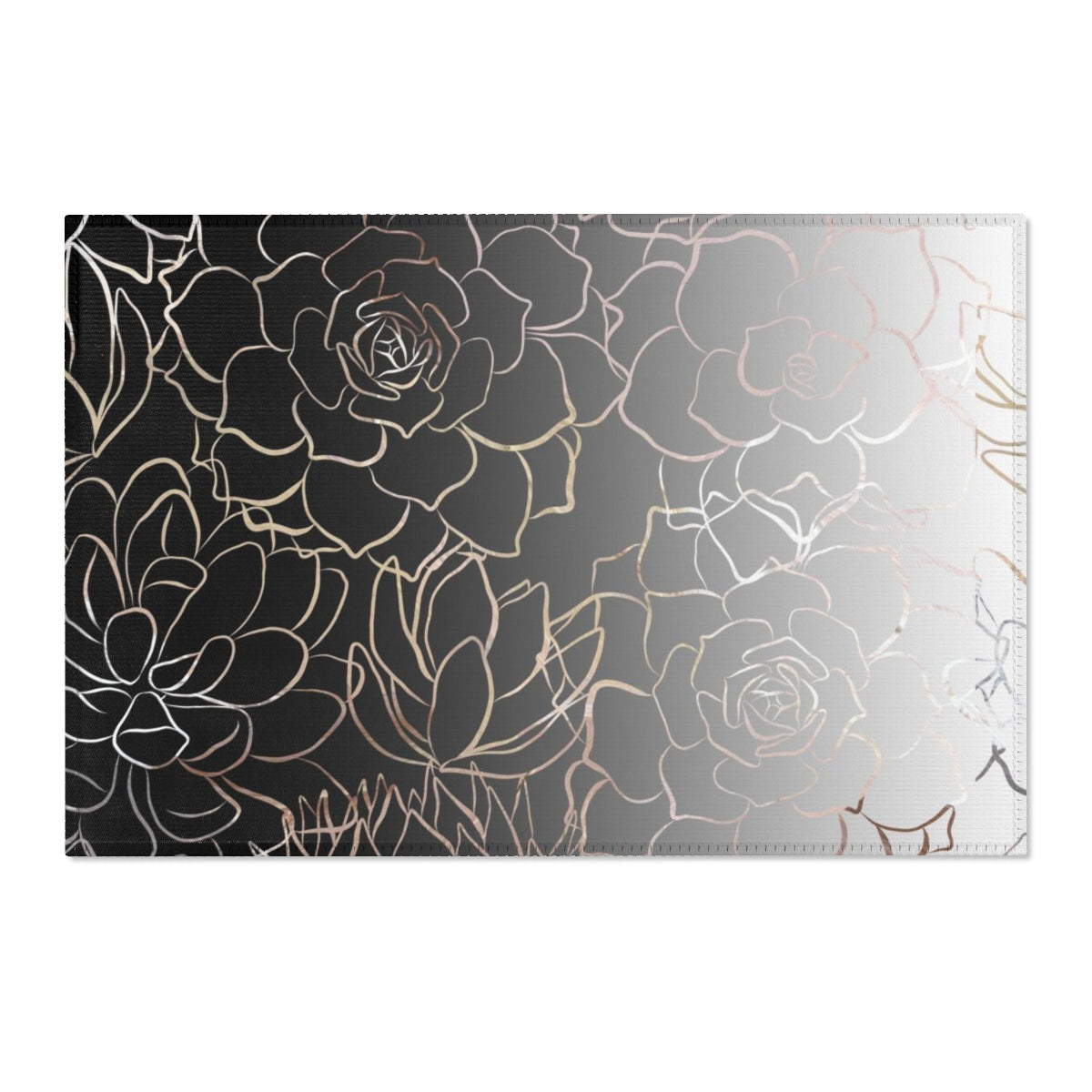 Floral Area Rug | Black White Ombre Gold Roses