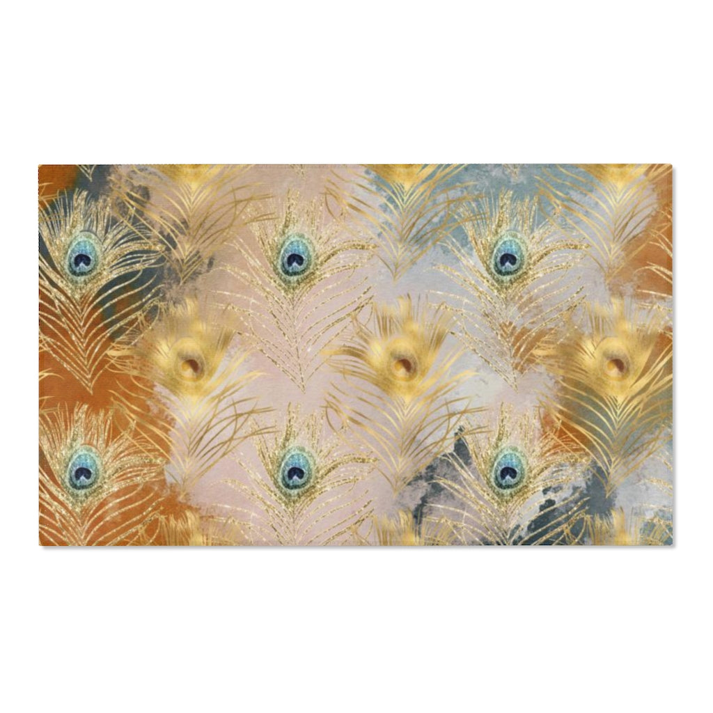 Boho Area Rug | Gold Navy Rust Feathers