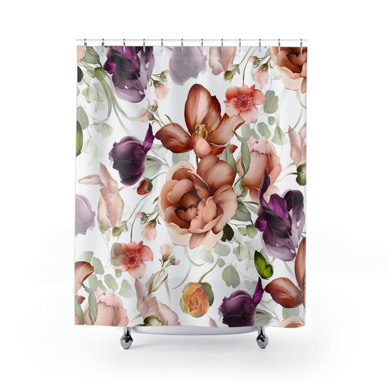 boho floral shower curtain | White Rust Purple Peonies