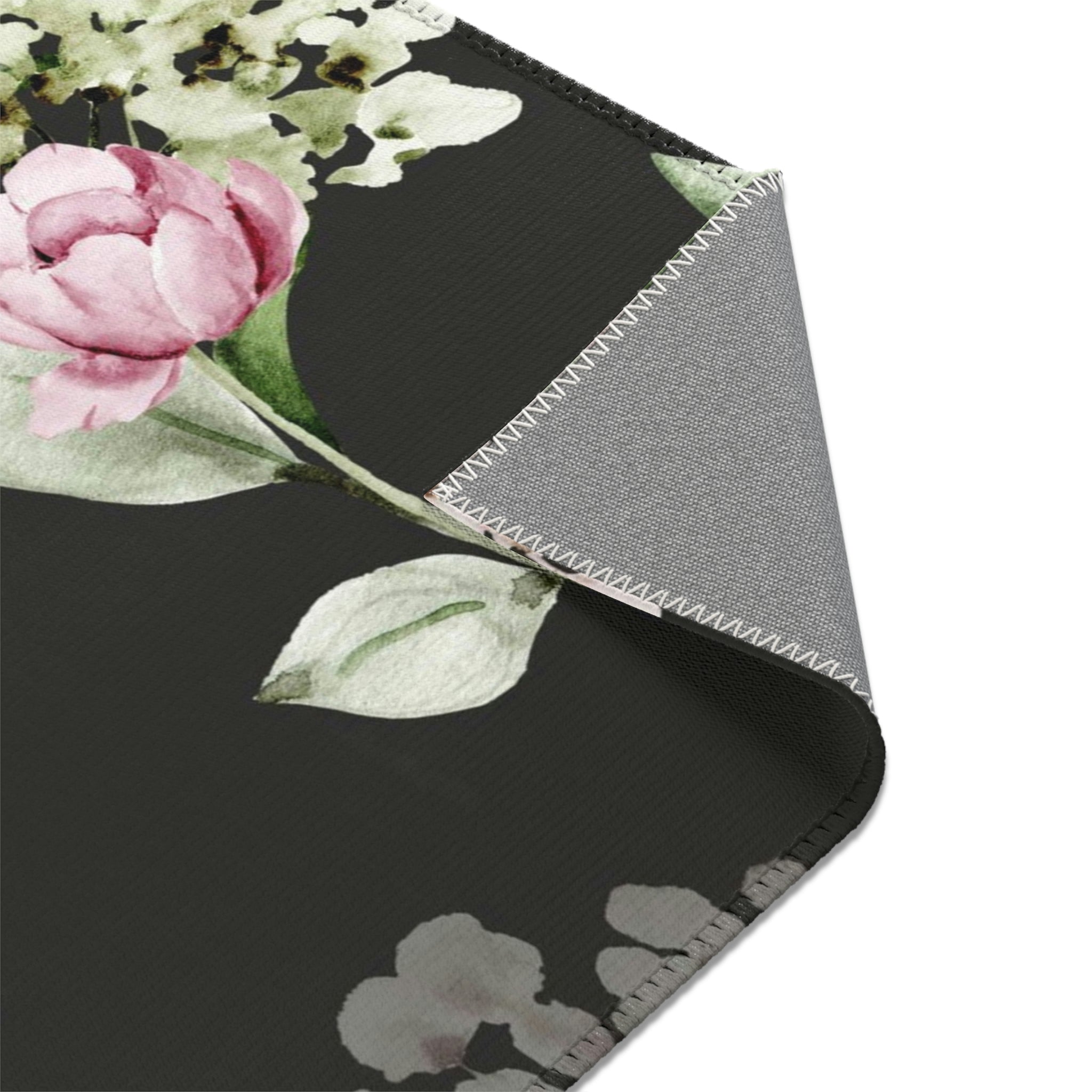 Floral Area Rug | Black Pink Peonies, Sage Green Botanical