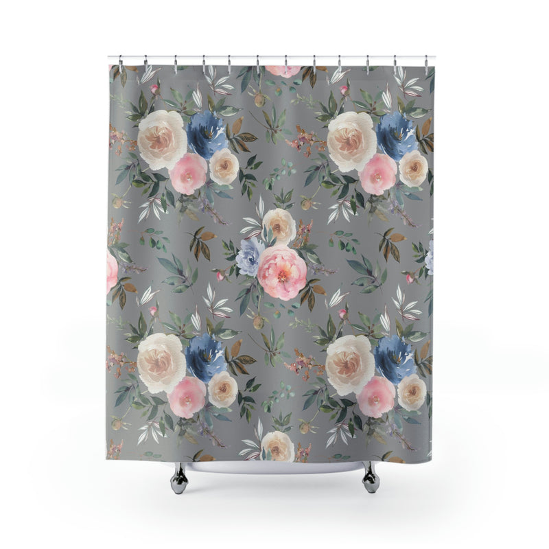 Floral Shower Curtain | Gray Pastel Pink, Blue Ivory Roses Botanical