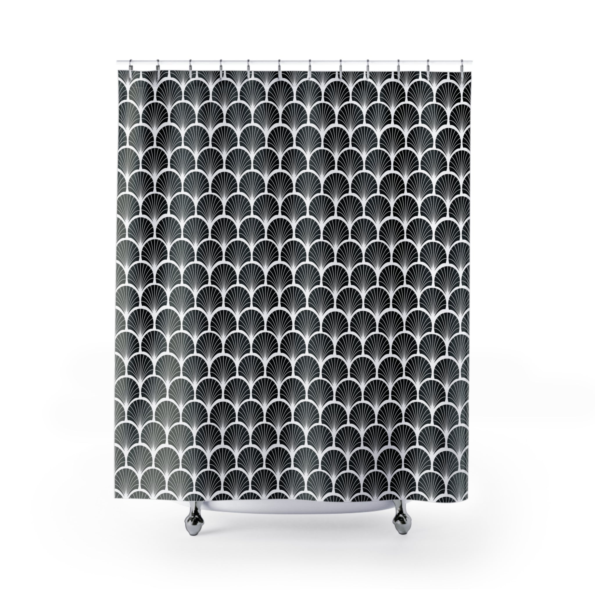 a shower curtain with a black and white pattern