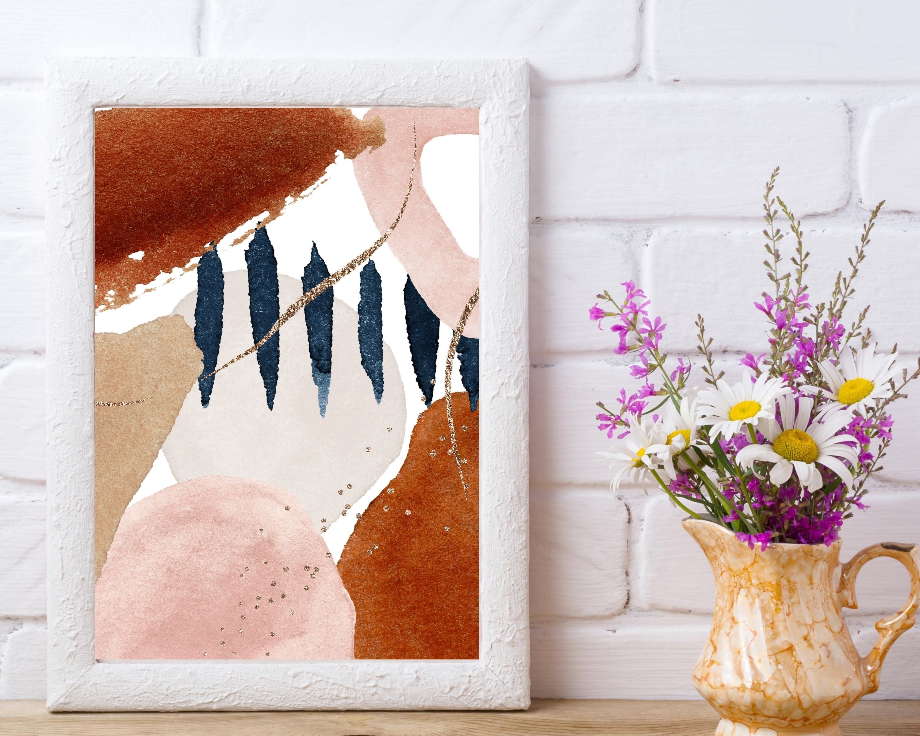 Abstract Boho Art Prints | Blush Pink Burnt Orange Navy Blue