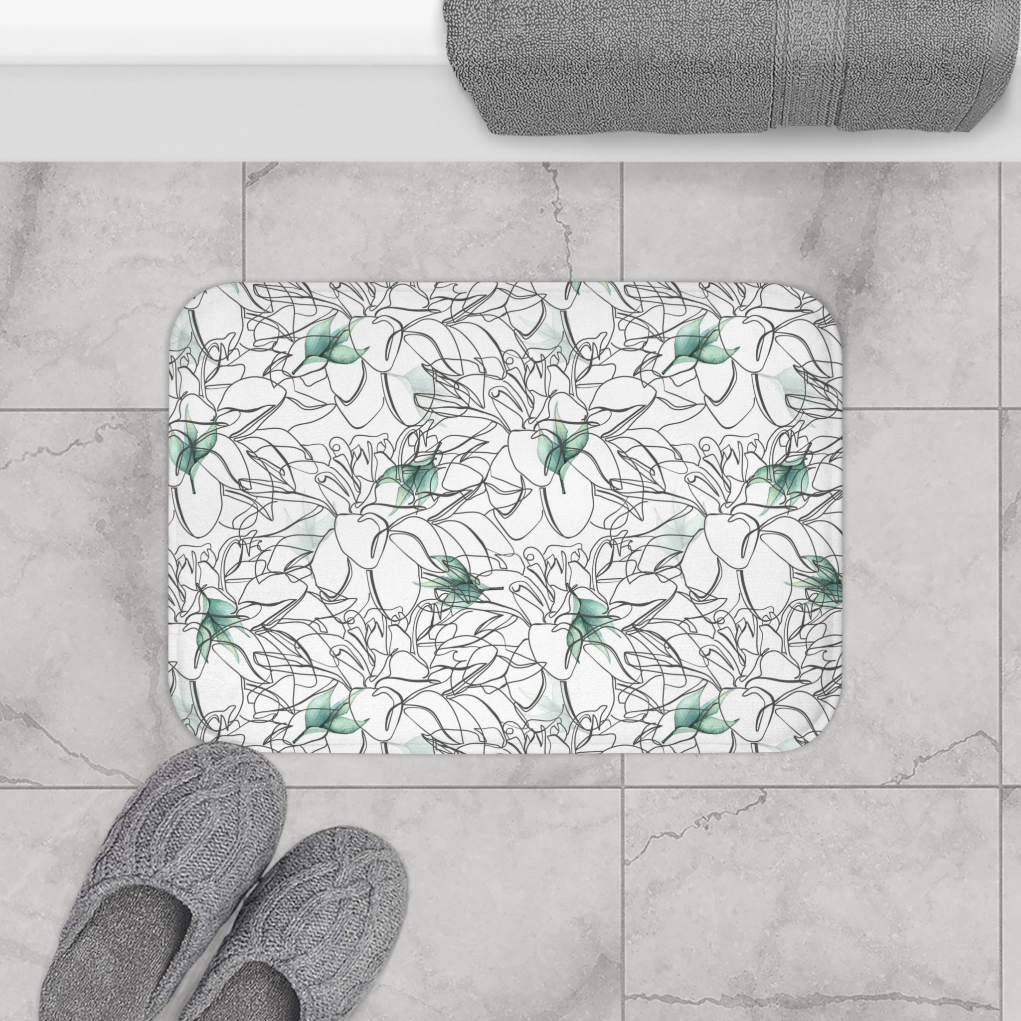 Floral Boho Bath, Kitchen Mat, Rug | Gray White, Line Art, Green