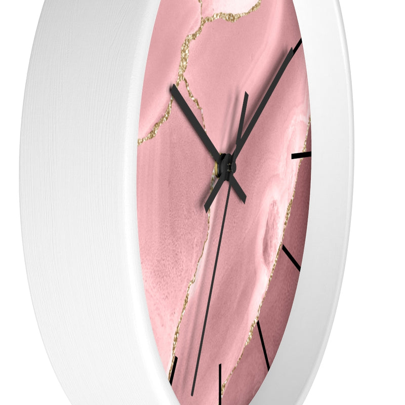 Marble Print, Wood,  Wall Clock, Pink Gold 10"