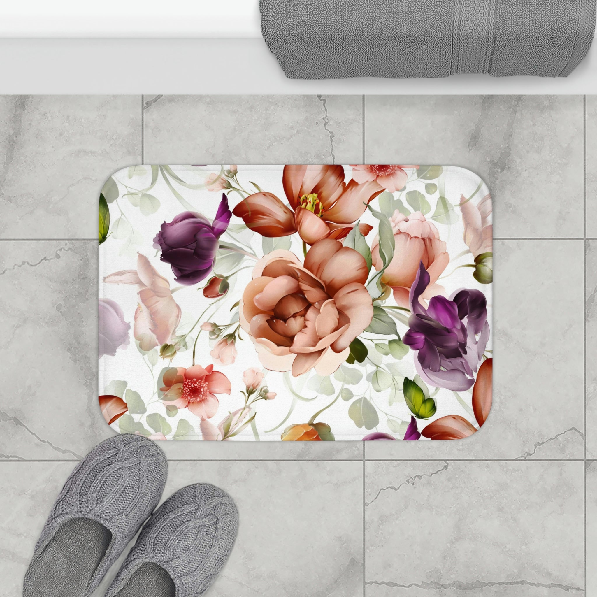 Boho Bath, Kitchen Mat | Floral Peonies