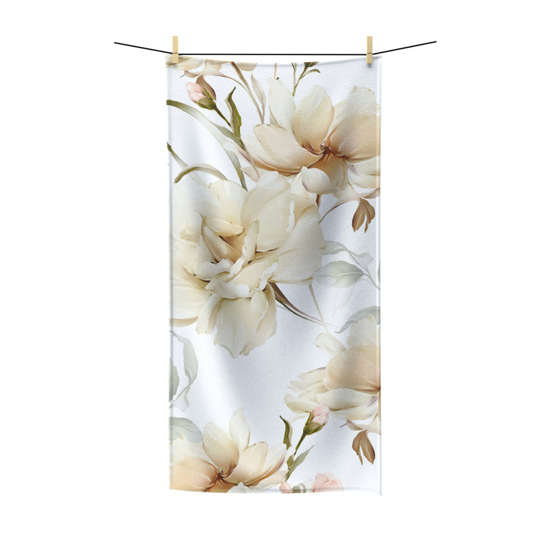 Floral Boho Bath Towel | Beige White Peonies Minimalist