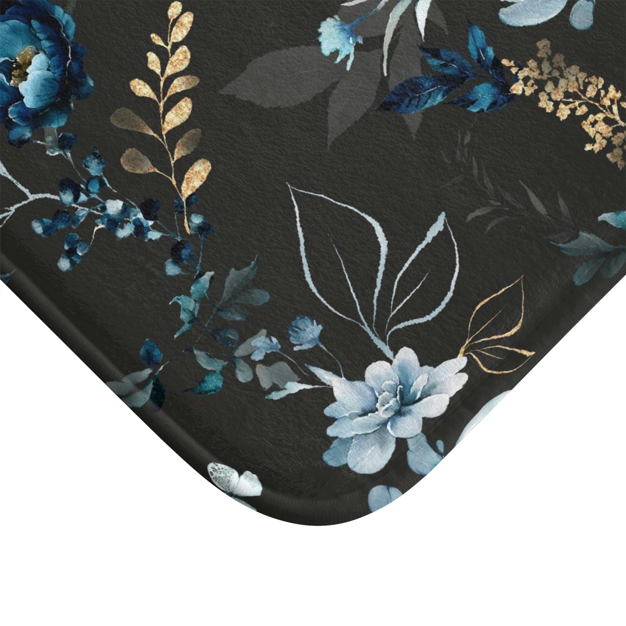 Floral Boho Bath, Kitchen Mat | Black Blue Peonies