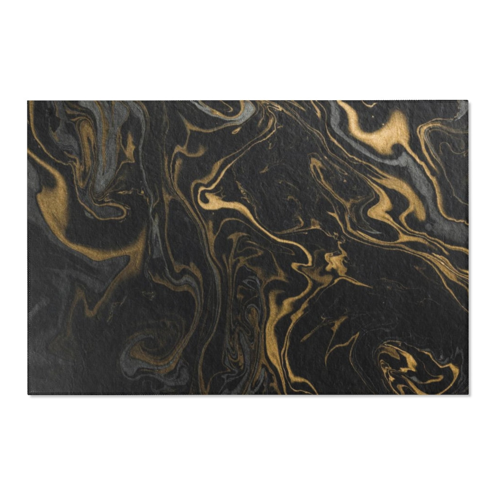 Abstract Area Rug | Black Beige Gold Marble