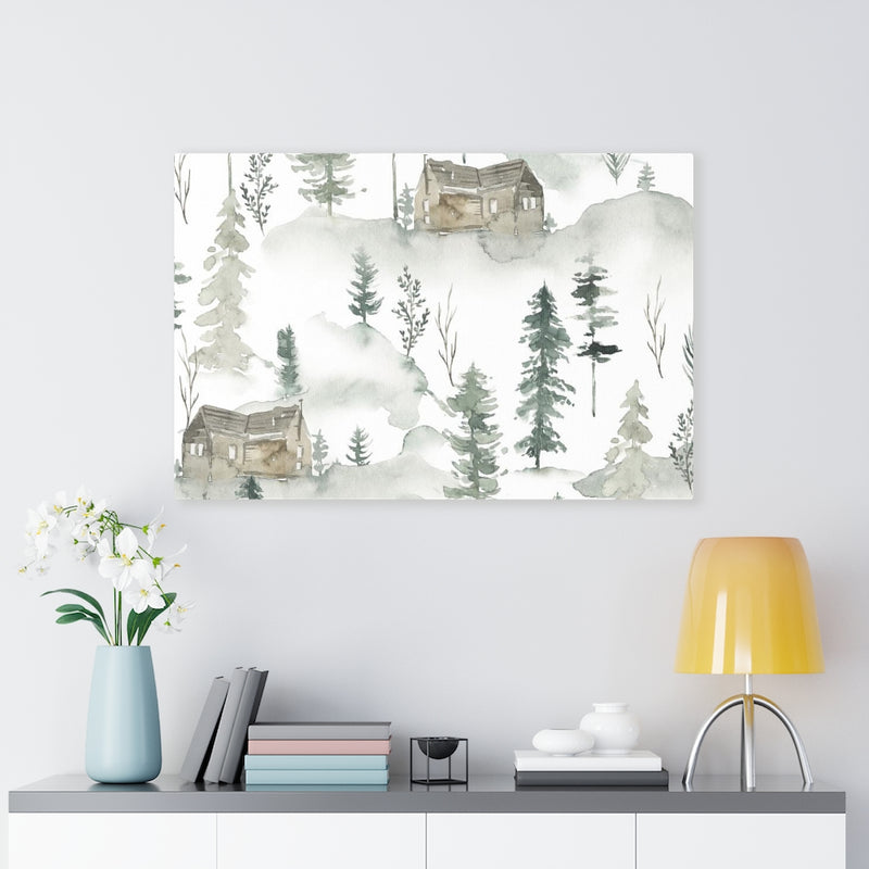 FLORAL WALL CANVAS ART | Green White Brown Forest Cabin