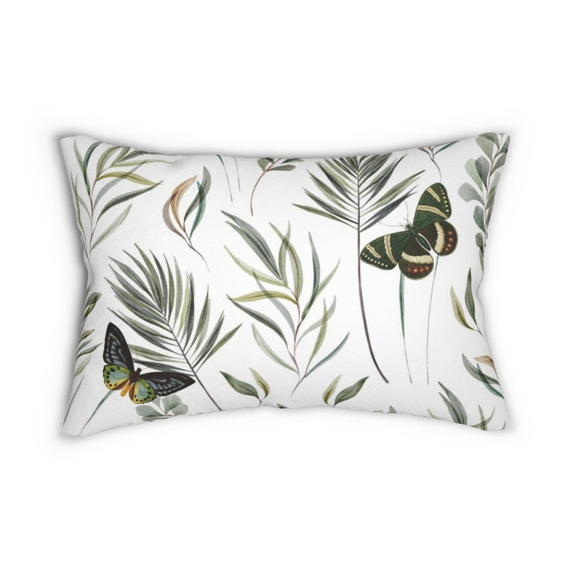 Floral Boho Lumbar Pillow | White Green Butterfly