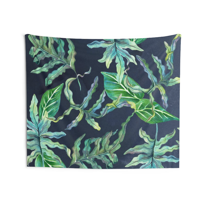 Floral Tapestry | Navy Blue Green Tropical Leaves