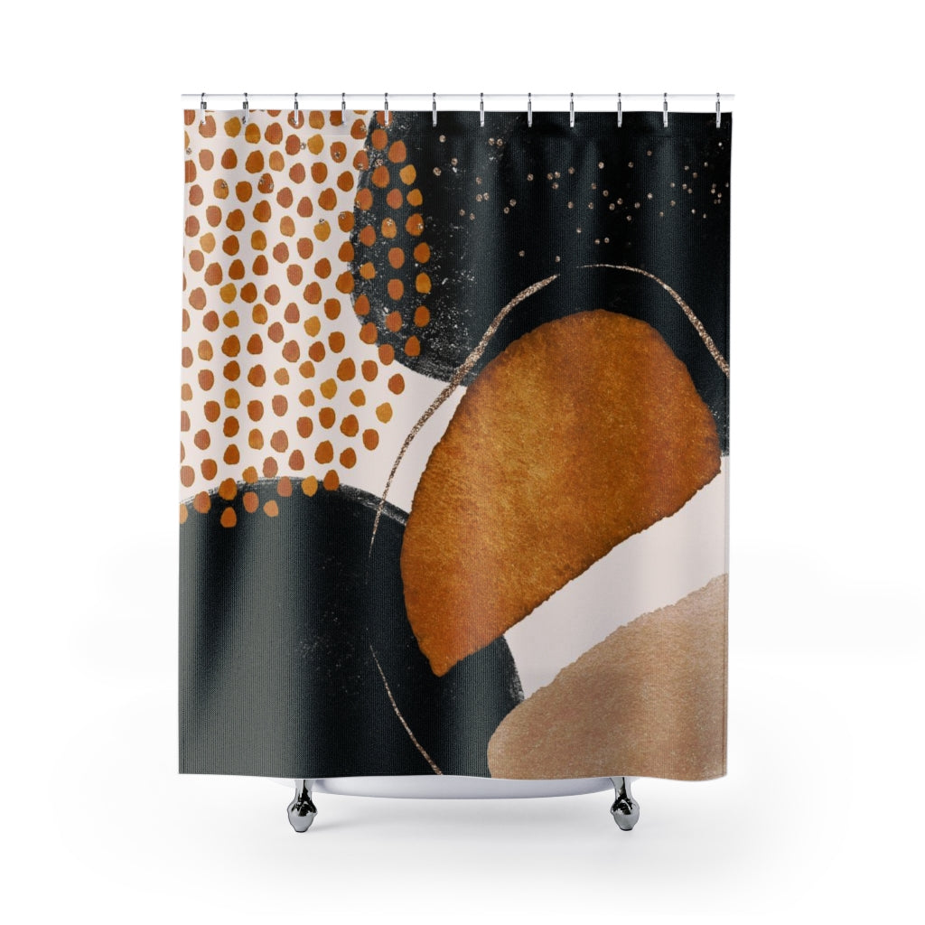 a shower curtain with an abstract design on it