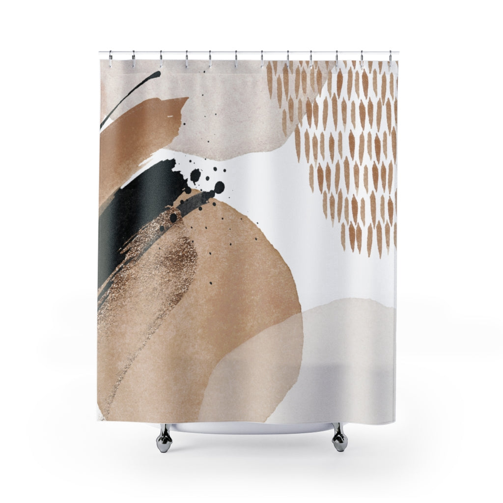 a beige shower curtain with a painting on it