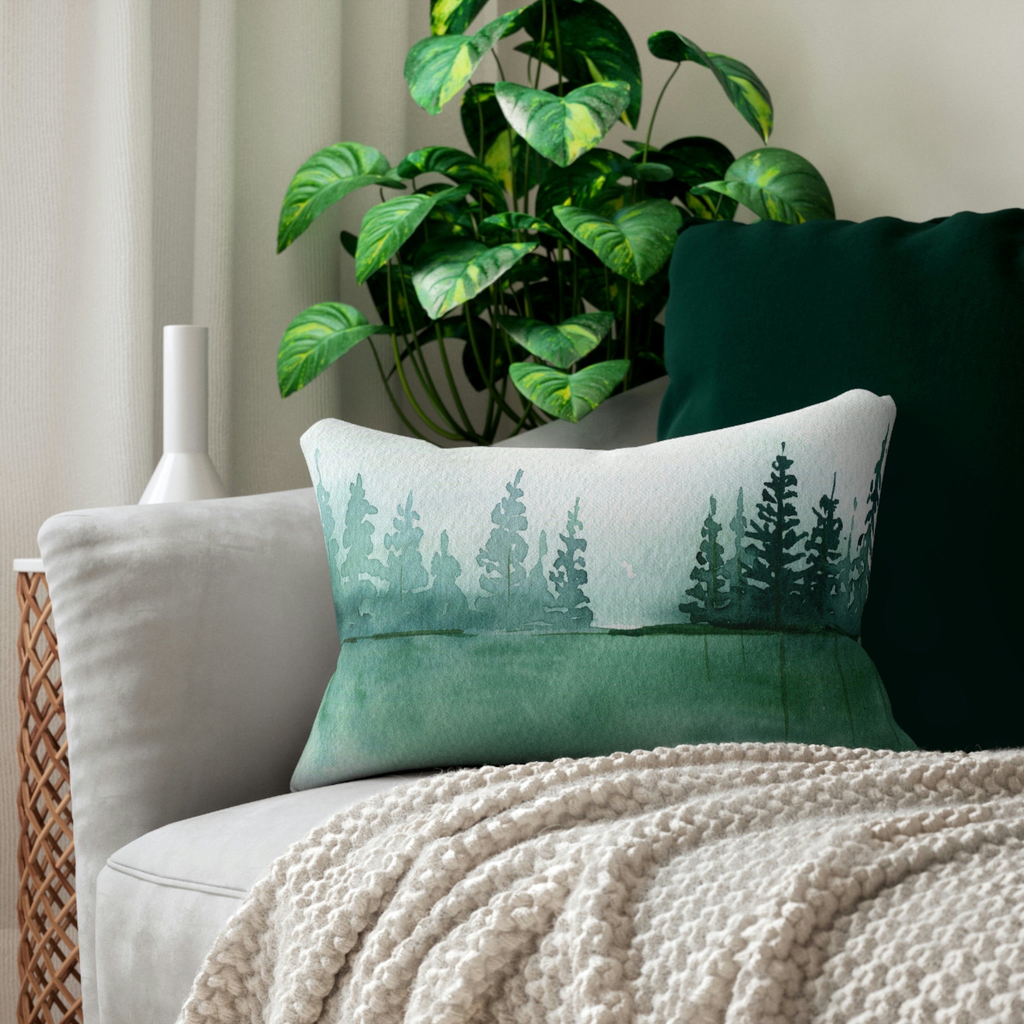 Sage Forest Green Trees Lumbar Pillow | Nature Watercolor