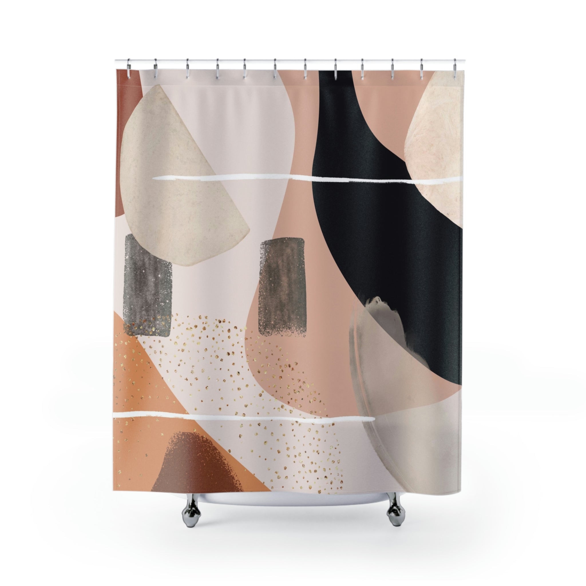 a shower curtain with an abstract design on it