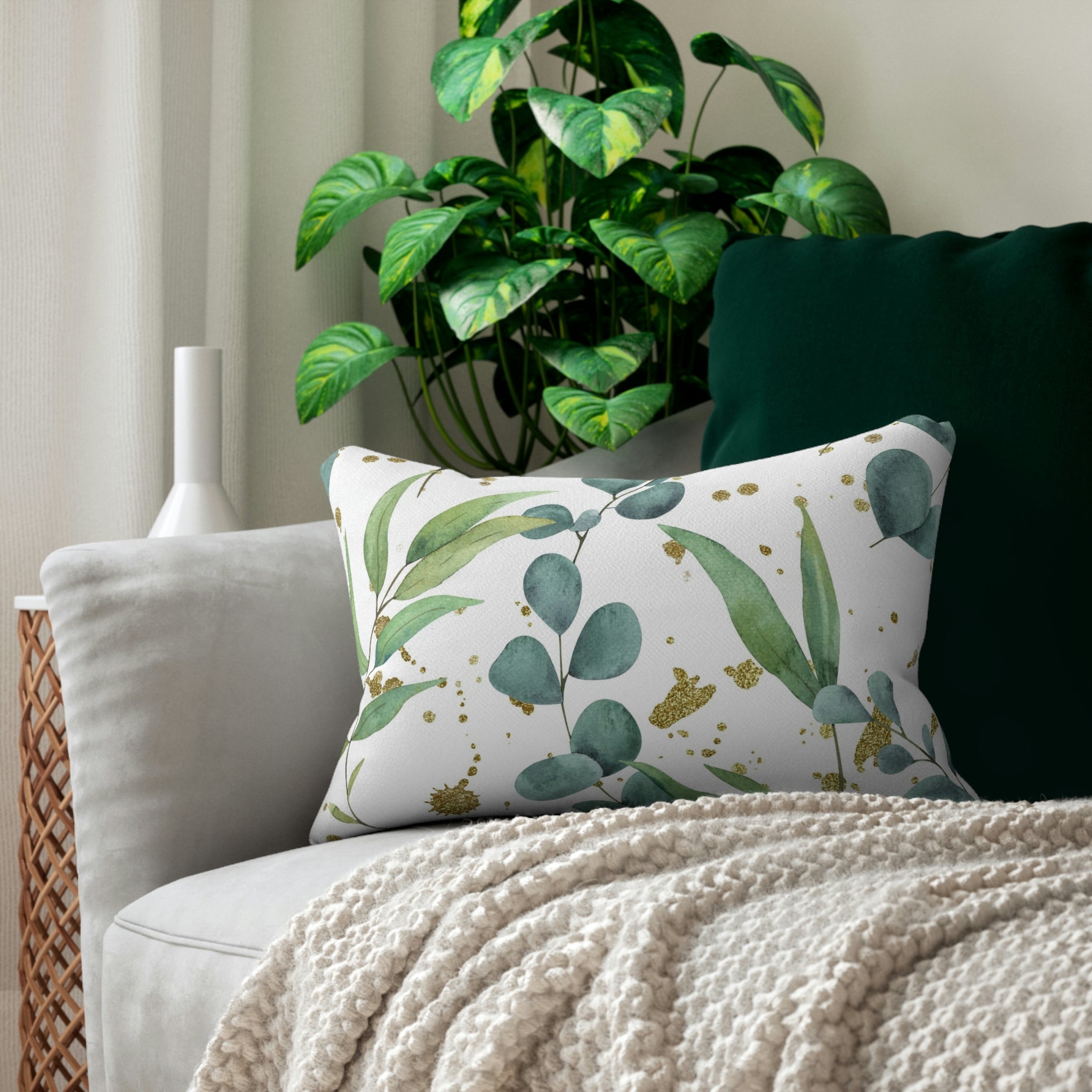 Floral Lumbar Pillow | Blue Green White Eucalyptus