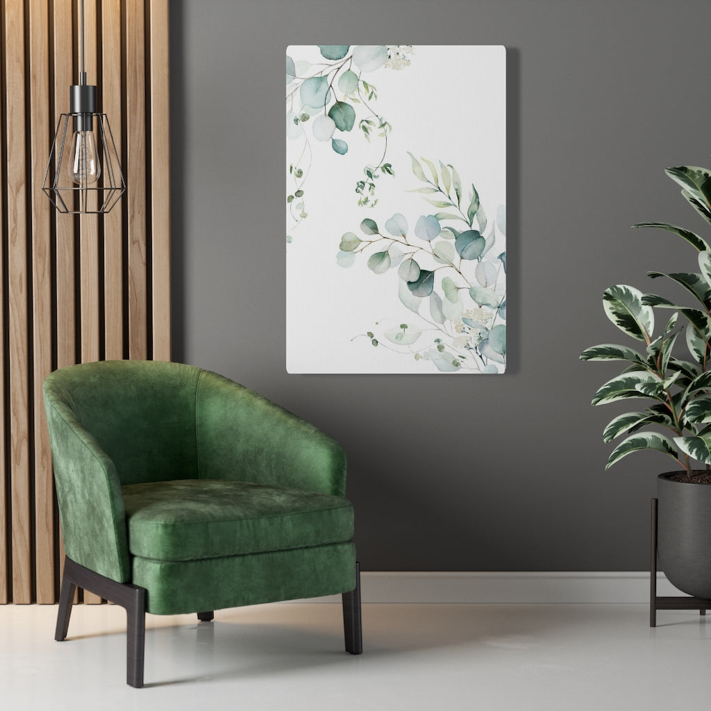 Floral Wall Canvas Art | White Green Eucalyptus Leaves