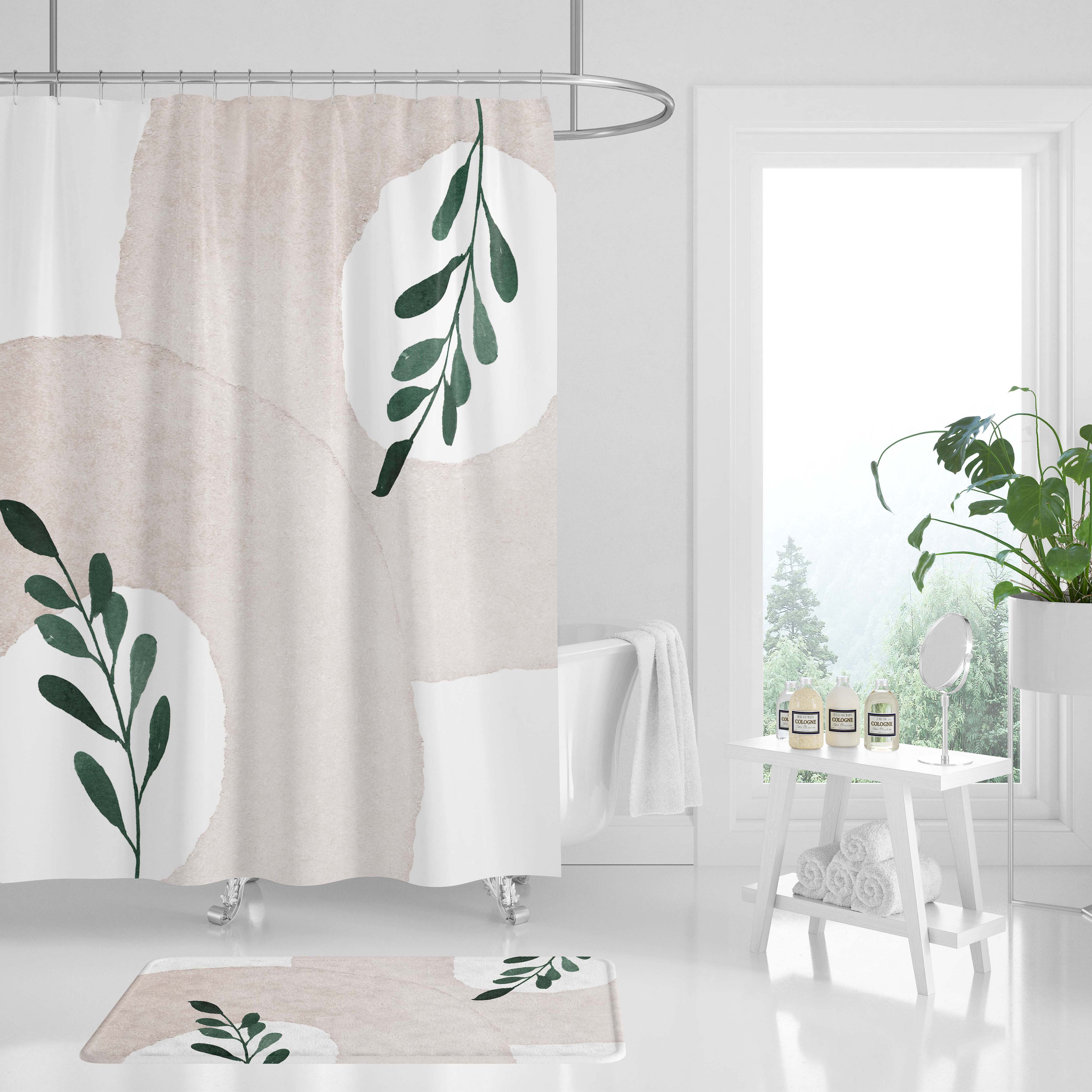 Abstract Boho Shower Curtain | Beige Cream Leaves