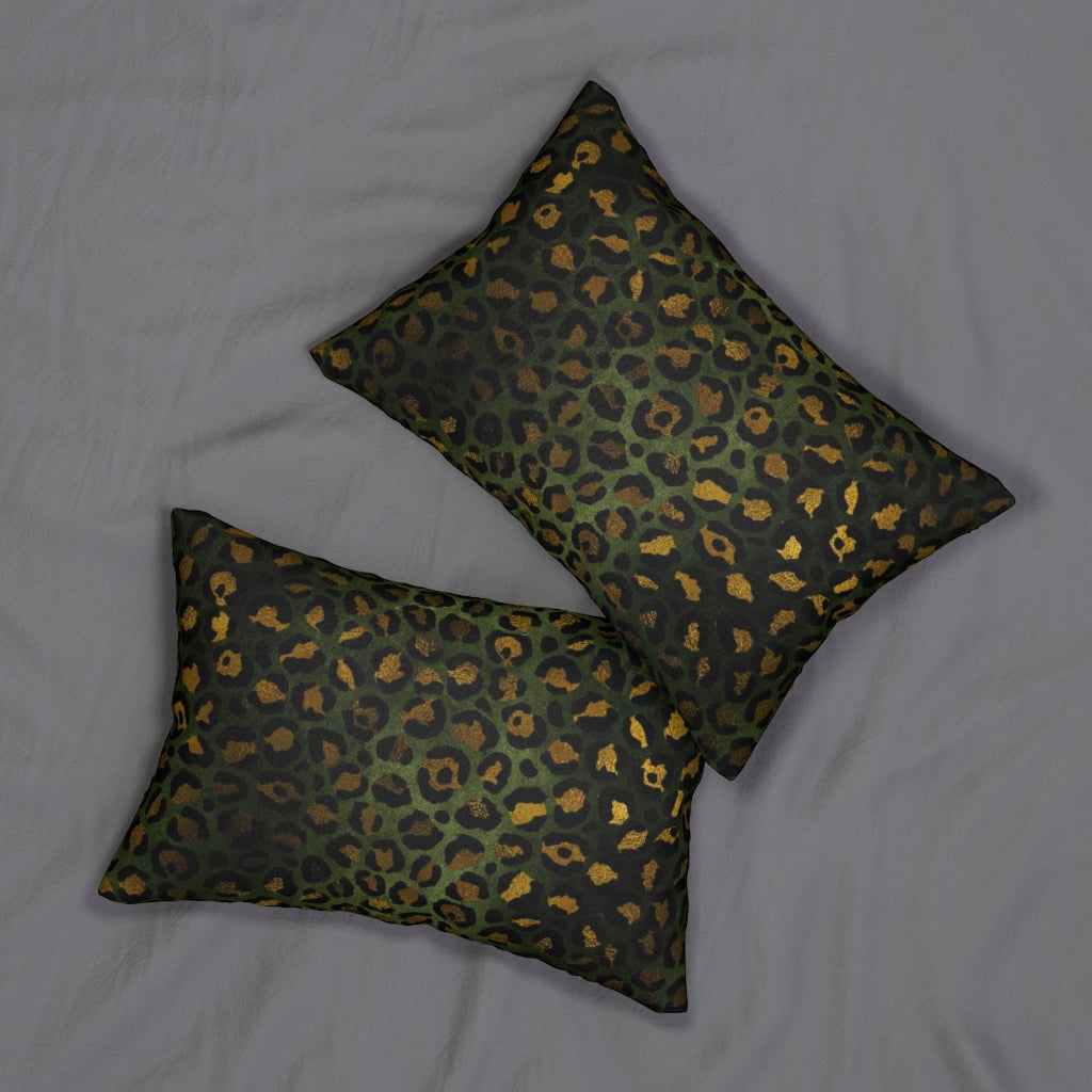 Abstract Boho Lumbar Pillow | Green Gold Leopard