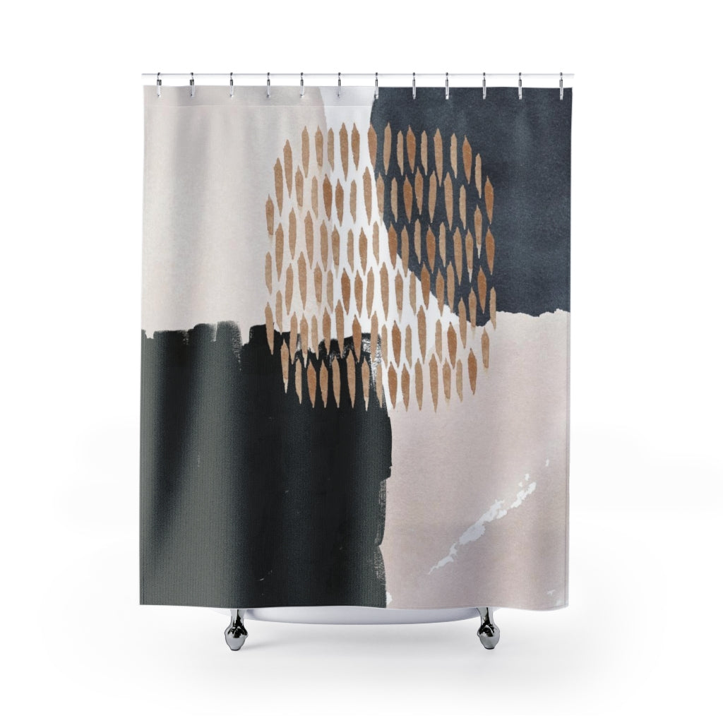 a shower curtain with an abstract design on it