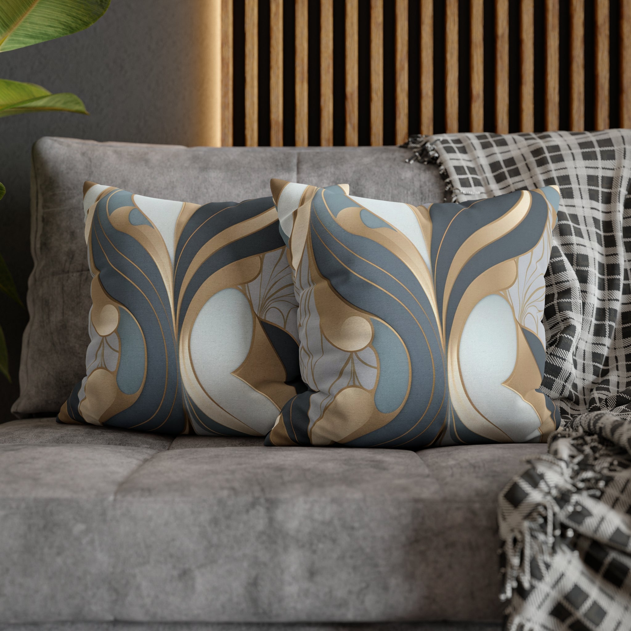 Abstract Boho Pillow Cover | Gray Blue, Gold Beige