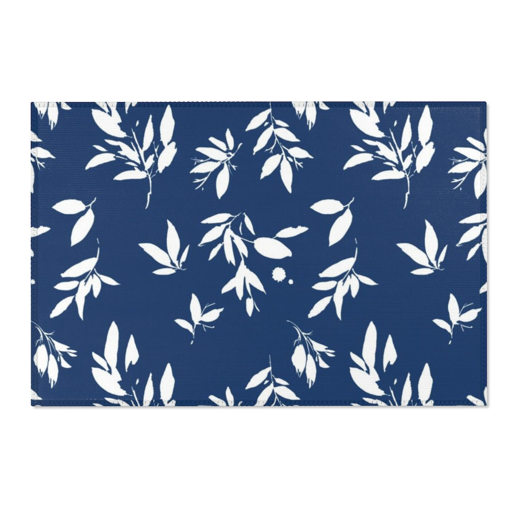 Boho Area Rug | Navy White Leaves