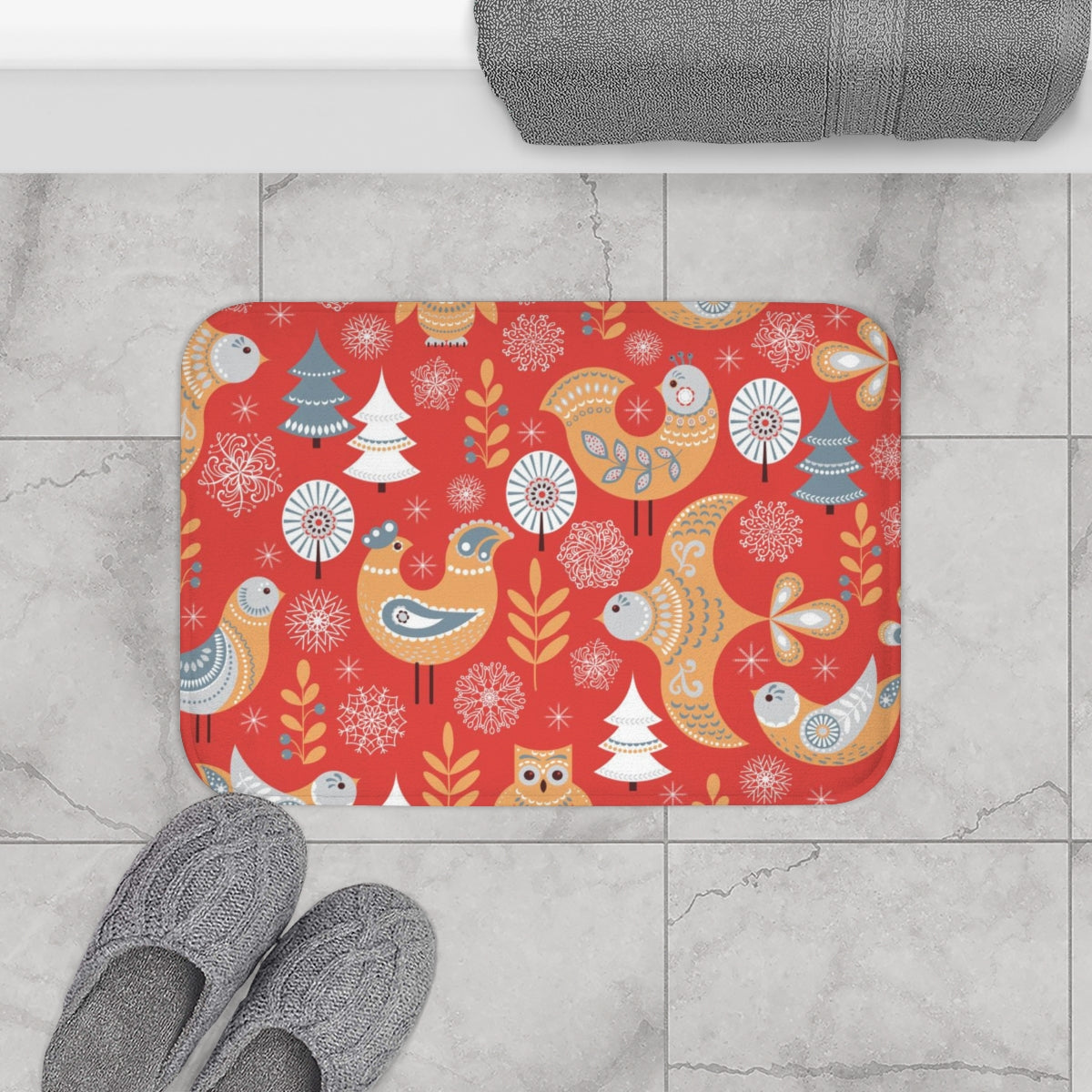 Christmas Bath Mat | Red Beige White Nordic Folk Birds