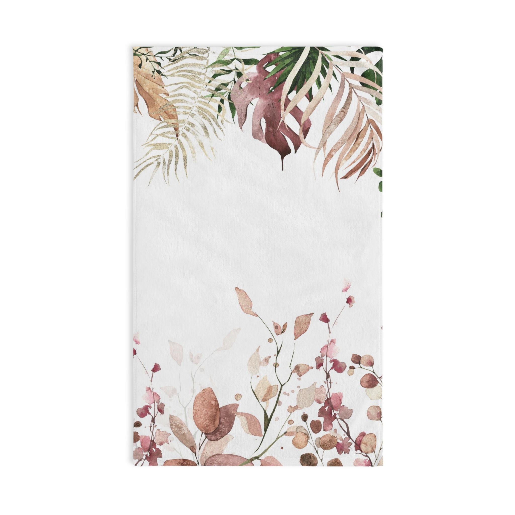 Floral Boho Kitchen, Bath Hand Towel | White Earthy Beige Monstera Jungle Leaves