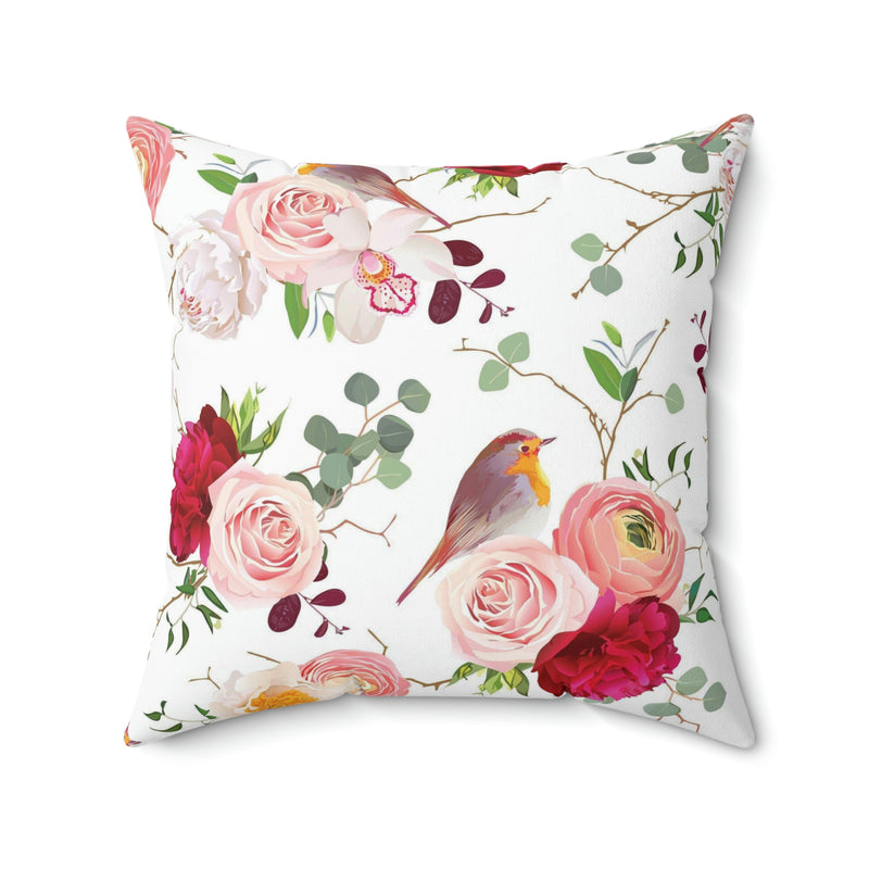 Floral Birds Pillow Cover | White Red Pink