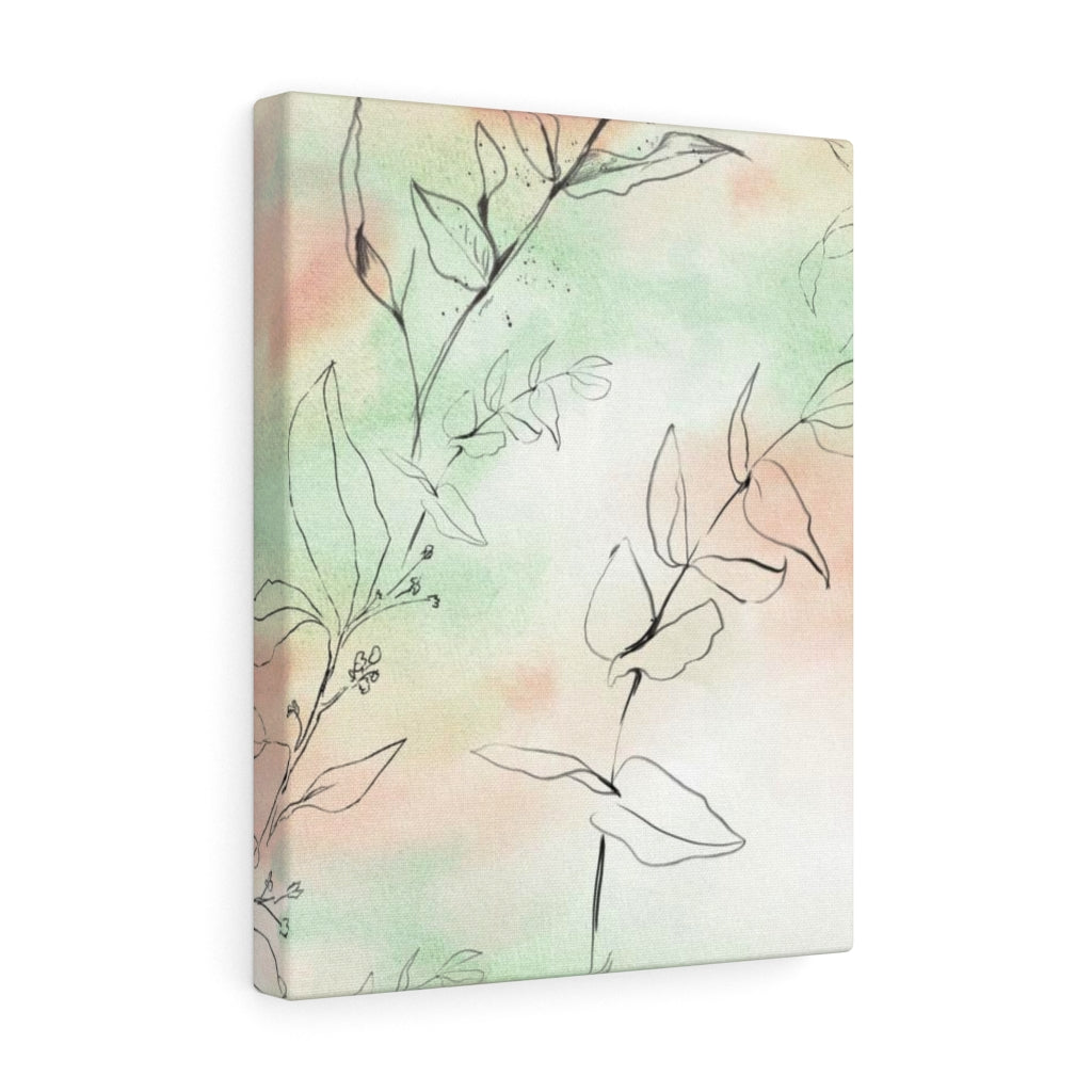 FLORAL WALL CANVAS ART | Green Peach Black Line Art Leaves