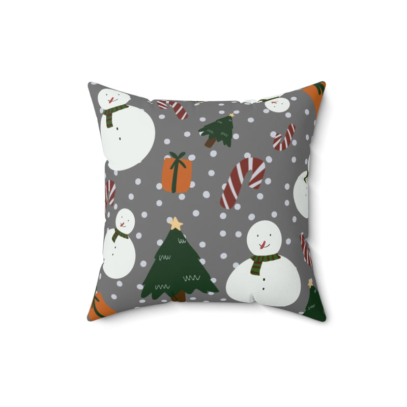 Christmas Square Pillow Cover | Gray Snowman Christmas Trees