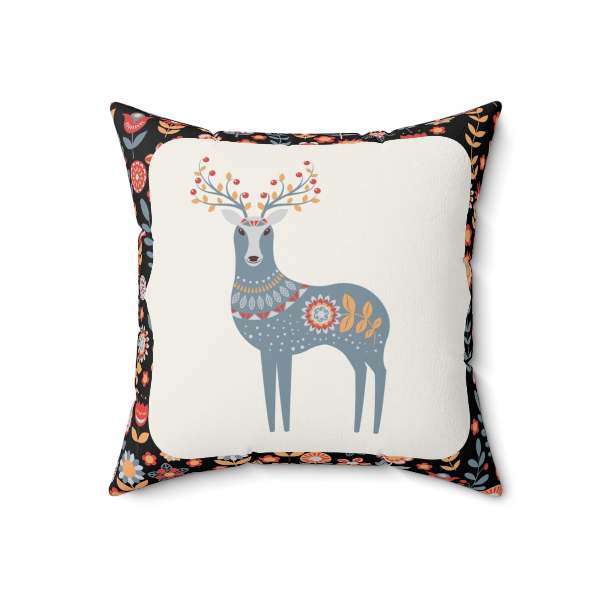 Scandi Nordic Boho Square Pillow Cover | Black Blue Raindeer Floral